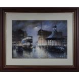 A framed print depicting a Glasgow rainy evening street scene