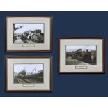 Three framed prints of steam trains at local stations