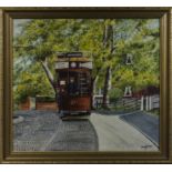 A framed oil on board depicting a tram signed Wilkinson