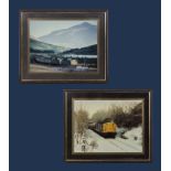 Two framed prints of trains in Scotland