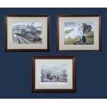 Three framed prints depicting trains