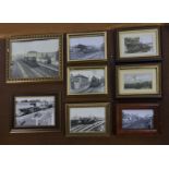 Eight framed prints of steam trains