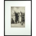 A framed etching depicting Falkland Palace, signed R W Stewart. size 32cm x 29.5cm