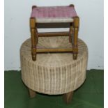 A wicker stool and a rush seated stool