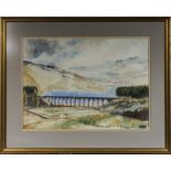 A framed water colour depicting Shank End Viaduct, indistinct signature. Size 35.5cm x 49.5cm