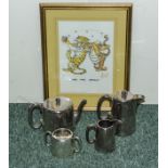 A Walker & Hall 4 piece tea service and a framed print