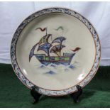 A Persian pottery plate decorated with a galleon