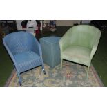 Two Lloyd Loom style bedroom chairs and a laundry basket