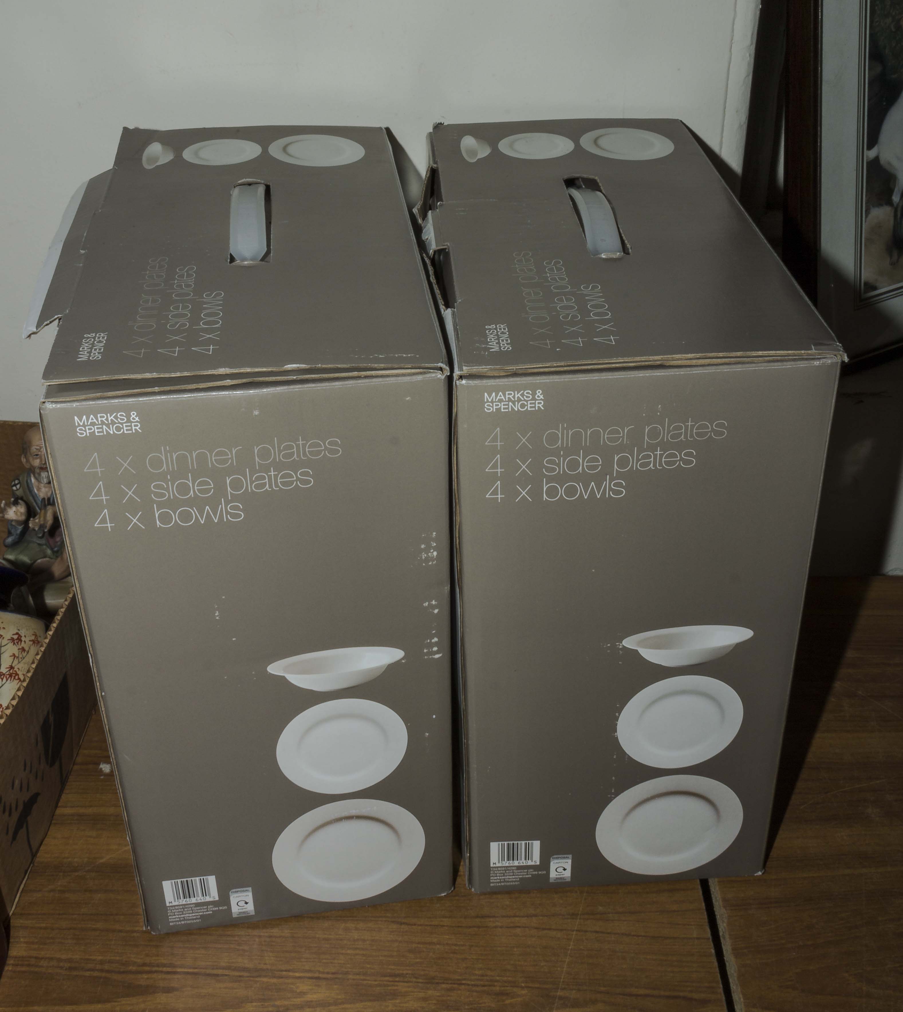 Two boxes of white ceramic table ware