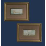A pair of gilt framed watercolours of sailing ships, indistinct signature. Image size 11cm x 24cm