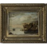 A late 18th early 19th century gilt framed oil on wood panel depicting a coastal scene. Image size