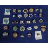 A box containing assorted badges relating to curling and others