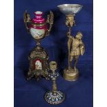 Ormolu mounted and porcelain garniture, a cloisonne candle stick and one other