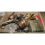 A box containing assorted brass and copper ware