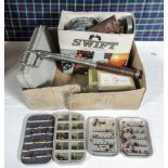 A selection of fishing tackle including gaff, reels etc