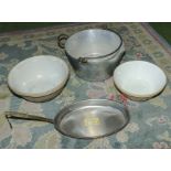 Two mixing bowls, a jam pan and a fish pan