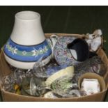 A box containing glassware and pottery