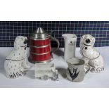 Two Wally dogs, three pottery items and an ice bucket