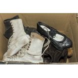 Three pairs of vintage ice skates, a pair of hob nail boots and shoes