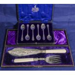 Cased sets of fish servers and teaspoons