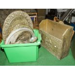 A box of brass ware and a magazine rack