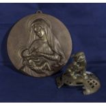 A bronze roundel plaque of Madonna and child signed B Menzwiecki.(Polish)