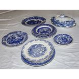 A collection of blue and white transfer printed table ware