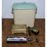 An enamel bread bin and assorted contents