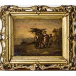 An oil on board in gilt frame of a family gathering wood 22.5 x 29.5cm