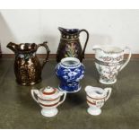 Two lustre jugs, a prunus jar and three other items