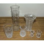 Six assorted cut glass vases