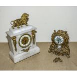 A marble mantle clock together with and ormolu mantle clock