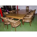 Late Victorian oak boardroom table and 12 matching chairs and a chairmans high back arm chair. Table