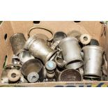 A box containing metal ware tankards and other items