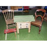 A pine kitchen chair, small chest, stool, coat hooks and one other chair