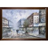 A framed oil on canvas of a Parisian street scene