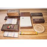 A collection of vintage cribbage boards, a chess set and other items