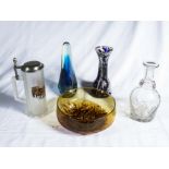 Three pieces of art glass, a decanter and a tankard