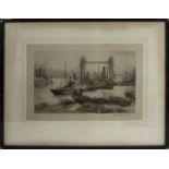 A framed coloured etching of London Tower Bridge signed in pencil to margin G Walker, image size