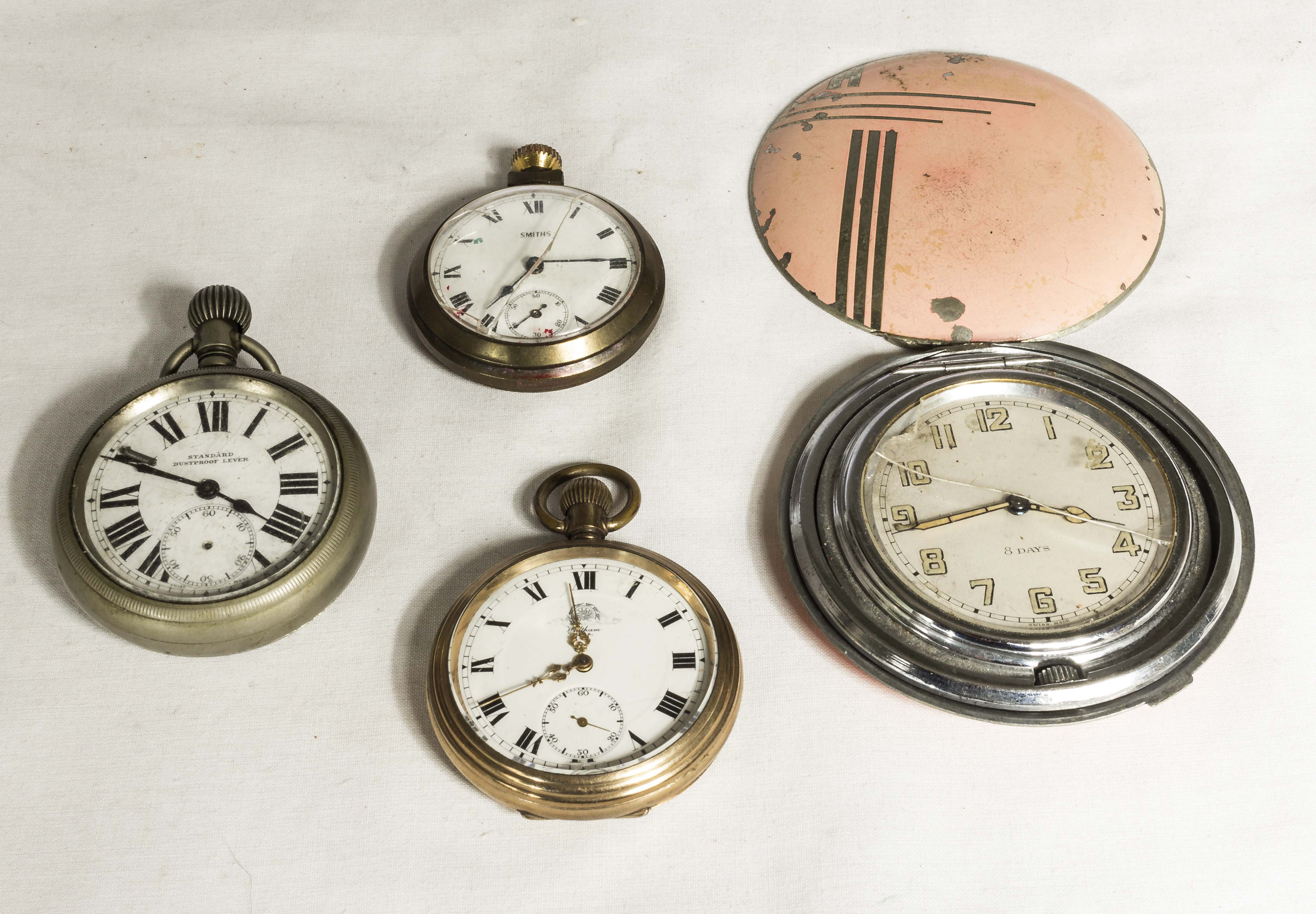 Three pocket watches and one Art Deco style watch