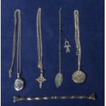 Two silver lockets, cross with chains together with two others