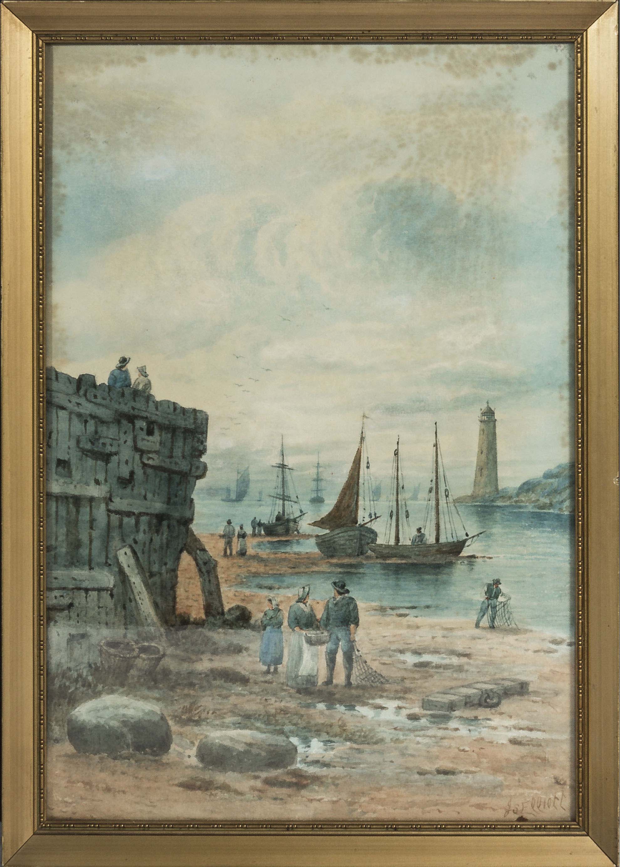 J S Elliott - a framed watercolour depicting fisher folk on a beach with their catch, signed.