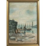 J S Elliott - a framed watercolour depicting fisher folk on a beach with their catch, signed.