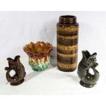 An art pottery vase, planter and two gurgle jugs