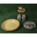 A pottery bowl, lidded bowl, pair of vases and a Border Fine Arts figure group