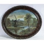 Large oval Victorian landscape painting in oils in a beautiful carved hardwood frame, would make a