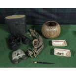 Two pair of binoculars, horse brasses and other items