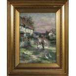 A gilt framed oil on panel depicting a rural scene with a farmer, mother and child, image size 34