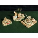 Six Pendelfin Bunny figures Picnic stand, raft, Camp fire, Picnic Midge, Scout and Pieface