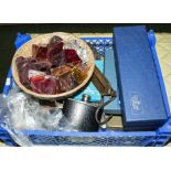 A box containing boxed cutlery, hip flask and a basket of crystal